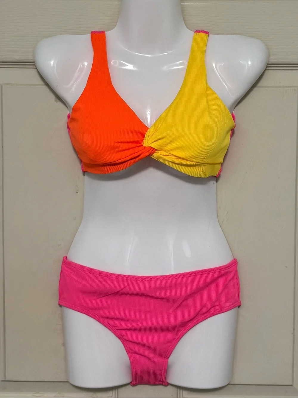 Kids Colorblock Twist Front Bikini - Orange/Yellow Top with Pink Bottom